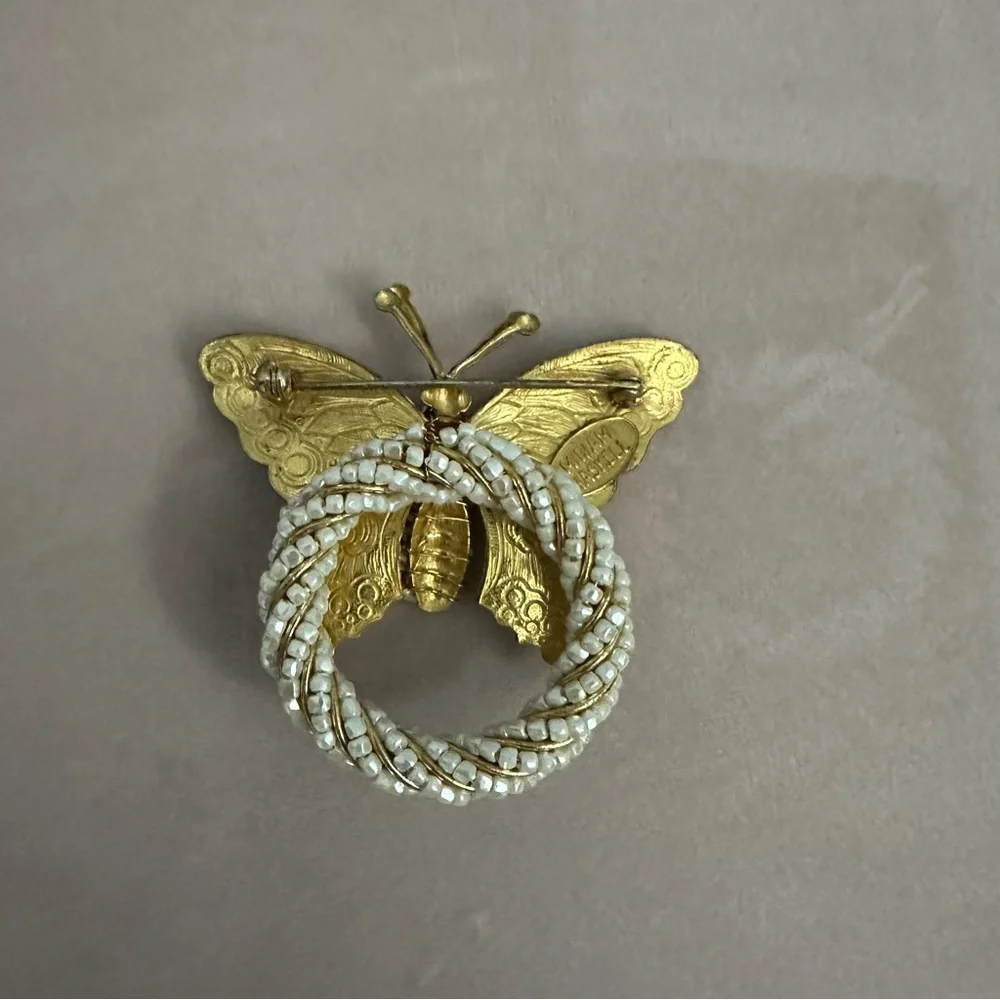 Vintage Miriam Haskell Signed Butterfly Brooch | Textured Gold Seed Pearl Pin